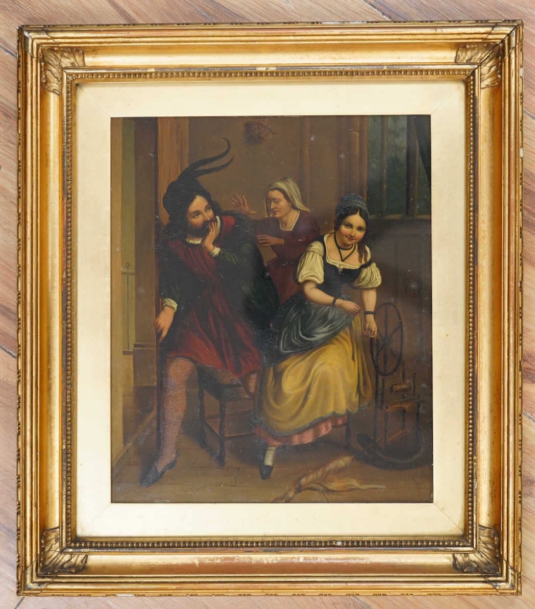 19th century German School, oil on metal panel, possibly zinc, Three figures in an interior, 25 x 20cm, gilt framed. Condition - fair to good